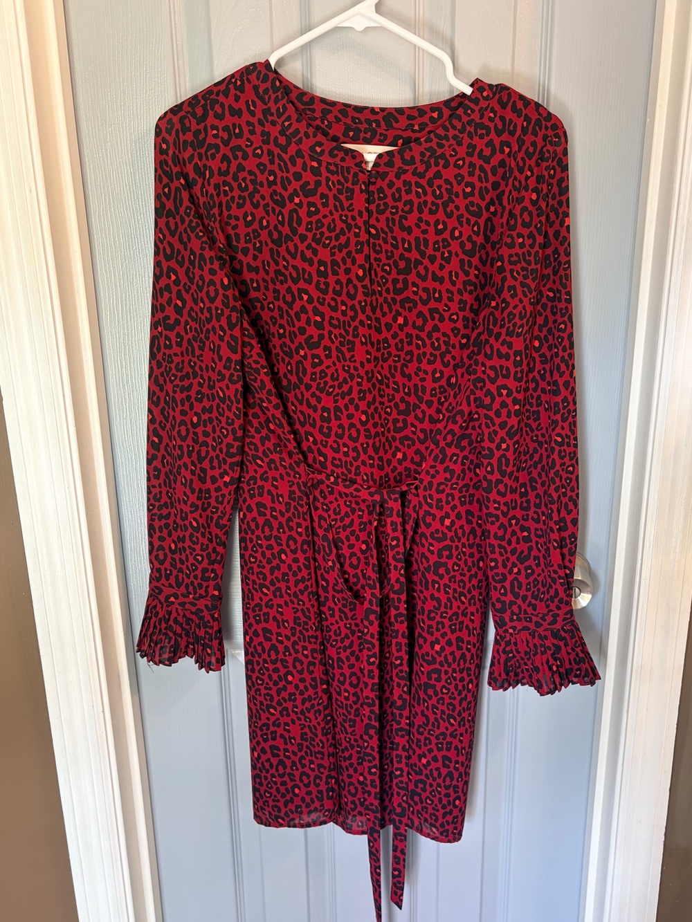 LOFT Red and Black Leopard-Print Long-Sleeve Tie-Waist Dress